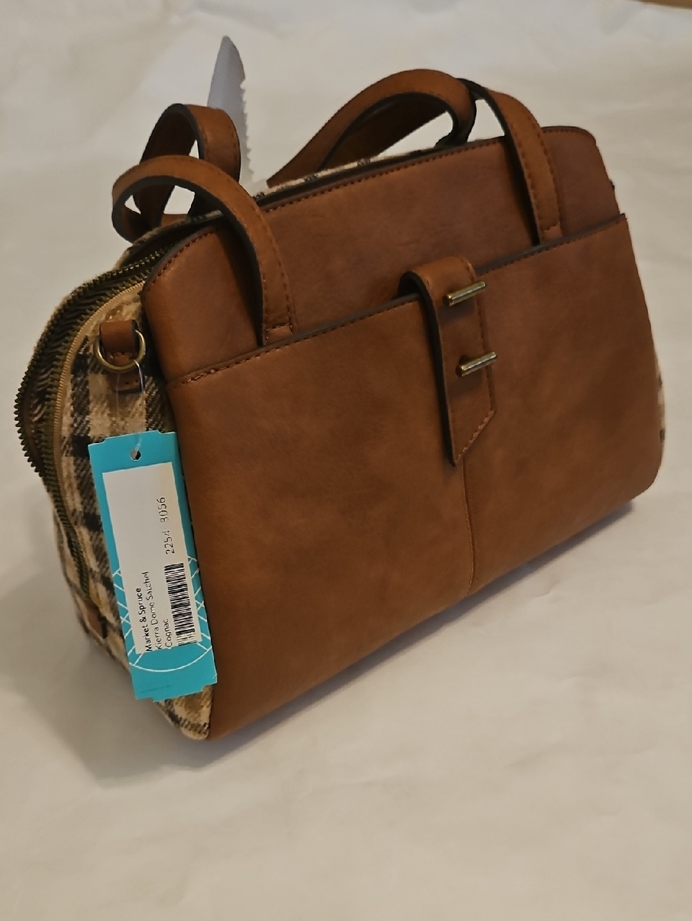 Market & Spruce Cognac Faux Leather Satchel with Plaid Accent